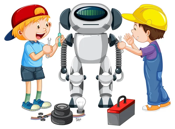 Dzieci Naprawianie Robota Razem Ilustracja — Wektor stockowy