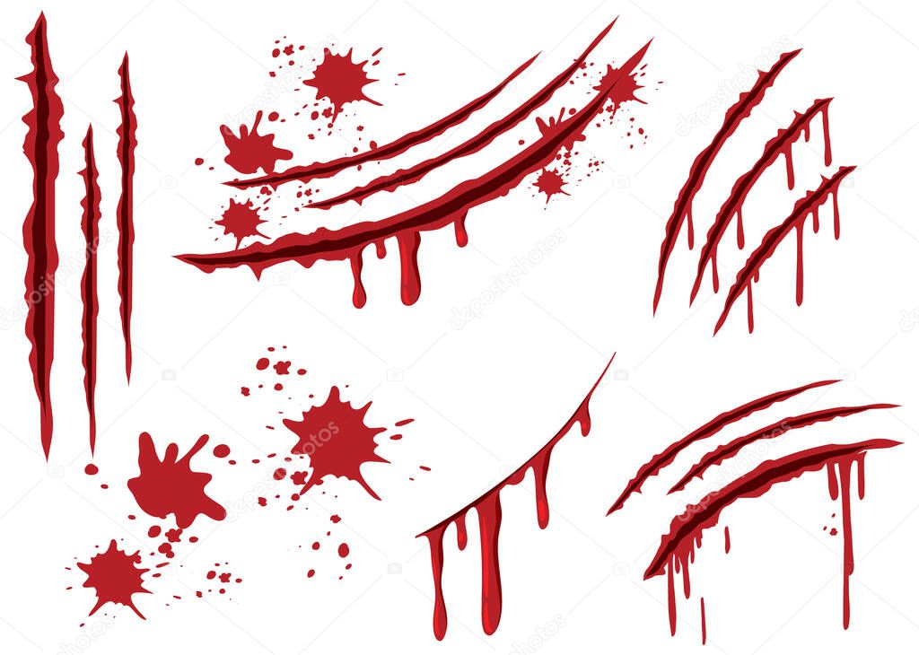 Blood claw scratch wounds on white background illustration