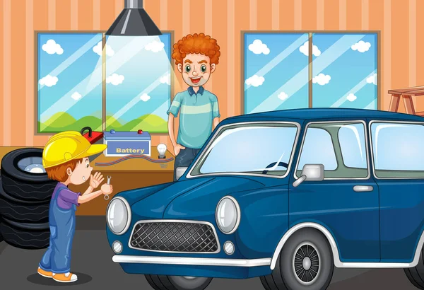 Cena Com Menino Reparando Carro Com Sua Ilustração Pai — Vetor de Stock
