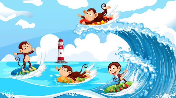 猴子做不同活动的海滩场景 — 图库矢量图片