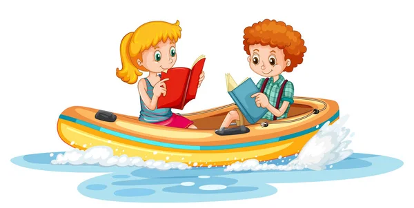 Paar Kinder Lesen Bücher Auf Boot Illustration — Stockvektor