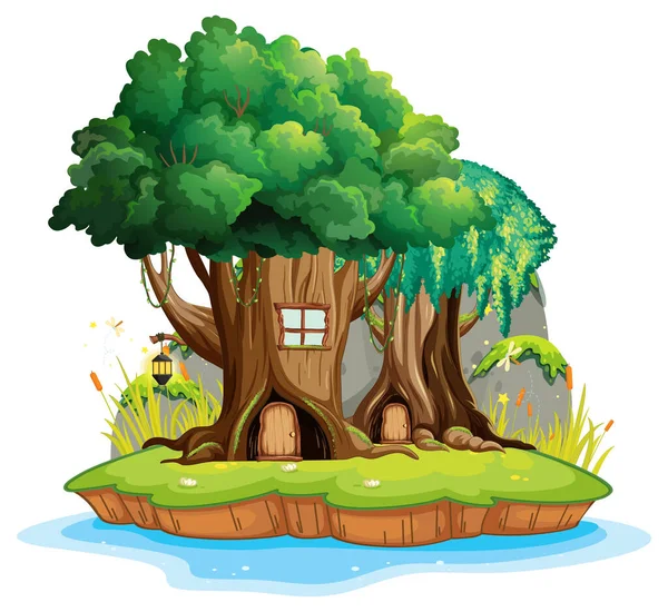 Fantasie Boomhut Boomstam Witte Achtergrond Illustratie — Stockvector