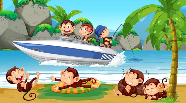 Strandszene Mit Affen Die Verschiedene Aktivitäten Ausüben Illustration — Stockvektor