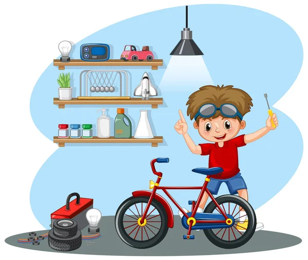 Young Boy Fixing Bicycle Together Illustration — Stock Vector