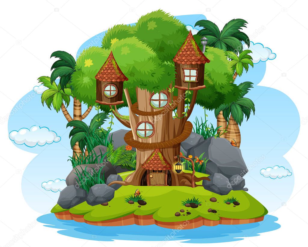 Fantasy tree house on white background illustration