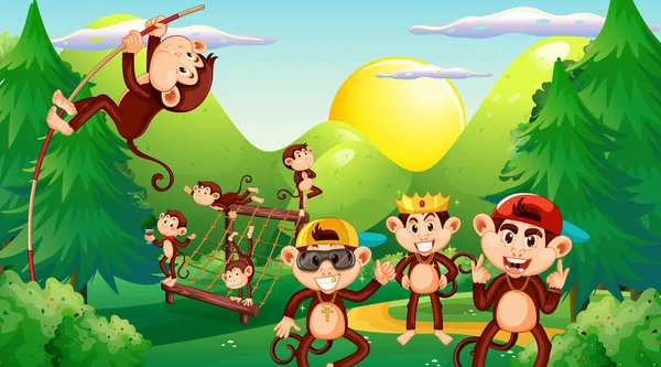 Little Monkeys Playing Forest Scene Illustration — Stock Vector