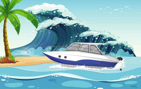 Strand Achtergrond Met Speedboot Zee Golf Illustratie — Stockvector