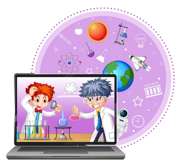 Laptop Met Wetenschapper Kind Cartoon Karakter Illustratie — Stockvector