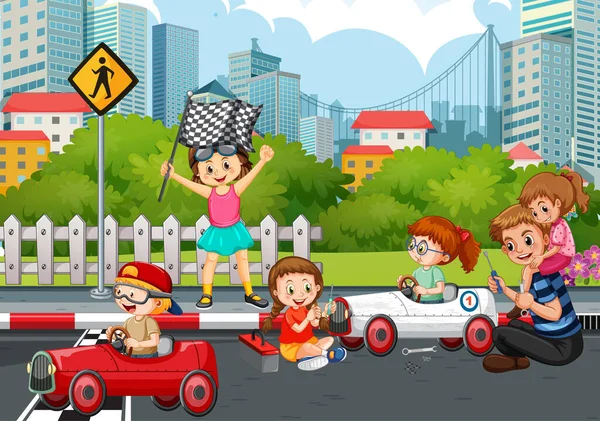 Scena Świeżym Powietrzu Dzieci Wyścigi Samochód Ilustracja Ilustracje Stockowe bez tantiem