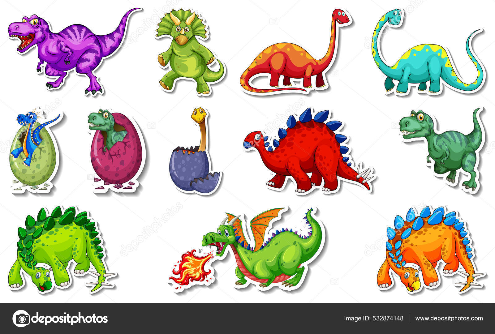 Sticker Set Different Types Dinosaurs Cartoon Characters Illustration