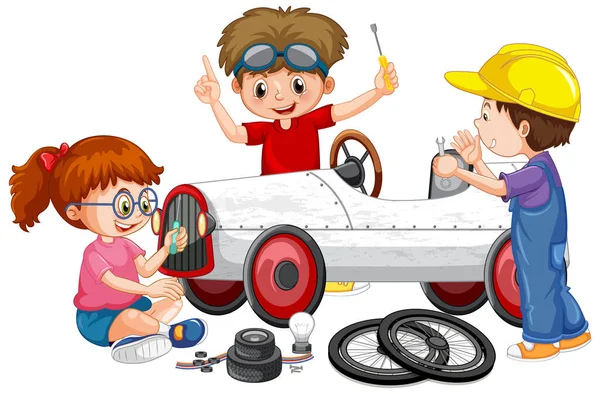 Děti Opravující Společně Auto Ilustrace — Stockový vektor