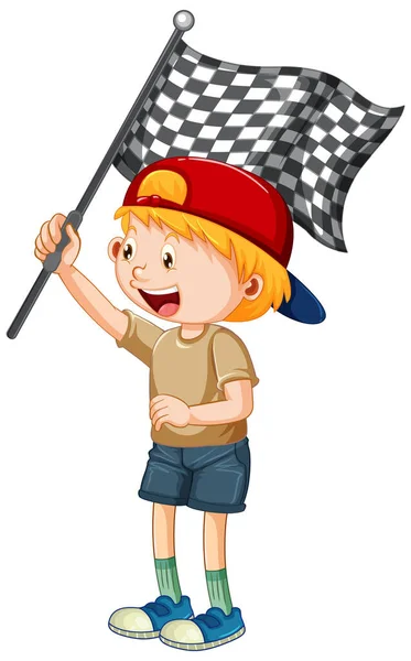 Boy Holding Checkered Pattern Flag Illustration — Stock Vector