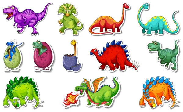 Klistermärke Set Med Olika Typer Dinosaurier Tecknade Tecken Illustration — Stock vektor