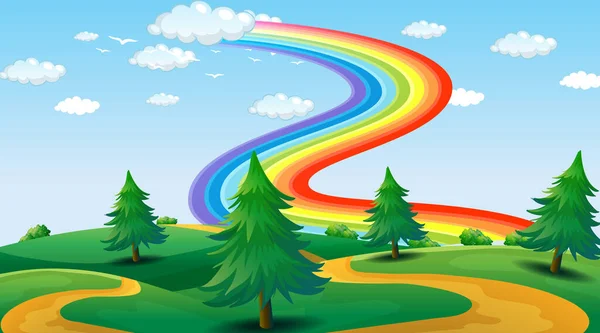 Parque Paisaje Escena Con Arco Iris Cielo Ilustración — Archivo Imágenes Vectoriales