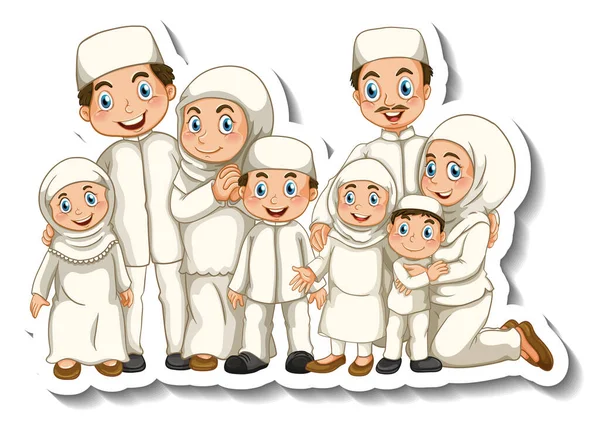 Sticker Template Muslim Family Cartoon Character Illustration — Stock Vector