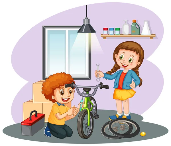 Niños Arreglando Una Bicicleta Juntos Ilustración — Archivo Imágenes Vectoriales