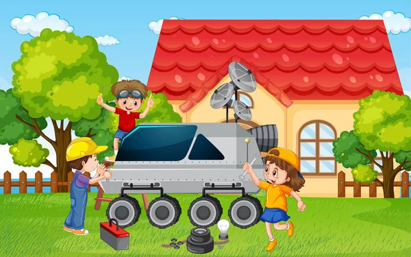 Outdoor Scene Met Kinderen Repareren Van Een Satelliet Samen Illustratie — Stockvector