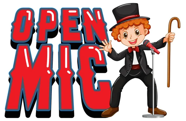 Open Mic Logo Ontwerp Met Goochelaar Jongen Cartoon Karakter Illustratie — Stockvector
