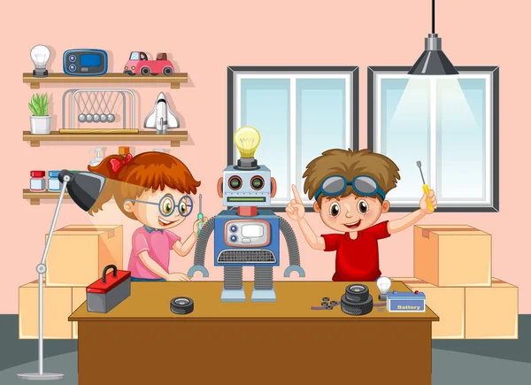 Niños Arreglando Robot Juntos Escena Habitación Ilustración — Archivo Imágenes Vectoriales