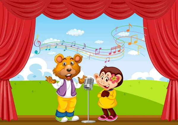 熊和猴子在舞台上唱歌 — 图库矢量图片
