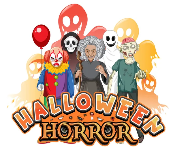Логотип Ужасы Хэллоуина Иллюстрацией Персонажей Мультфильмов — стоковый вектор
