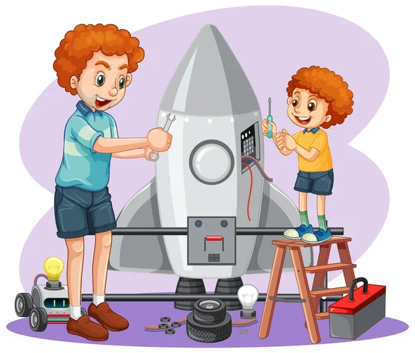 Niños Fijando Cohete Juntos Sobre Fondo Blanco Ilustración — Archivo Imágenes Vectoriales