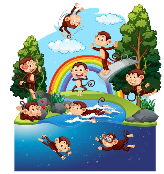 Funny Monkeys Forest Illustration — Stock Vector
