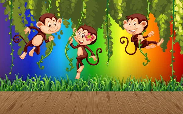 Scimmia Appesa Alla Liana Sul Gradiente Arcobaleno Sfondo Illustrazione — Vettoriale Stock