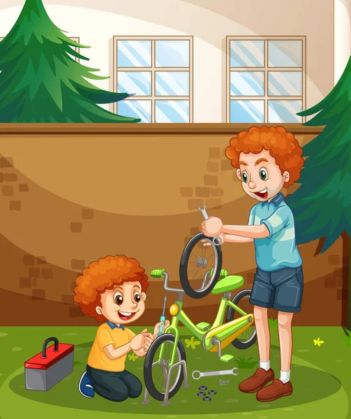 Apa Fia Javítás Egy Kerékpár Együtt Illusztráció — Stock Vector
