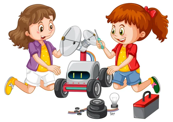 Children Fixing Robot Together White Background Illustration — Stock Vector