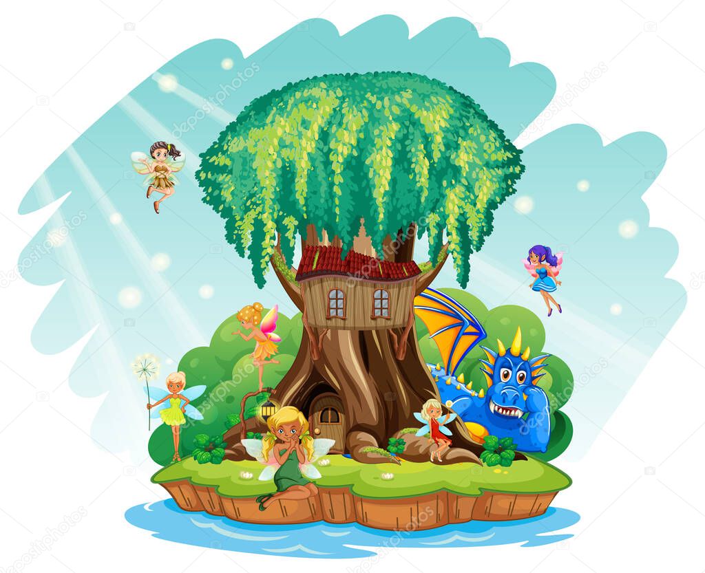 Fantasy tree house inside tree trunk with fairies and dragon illustration