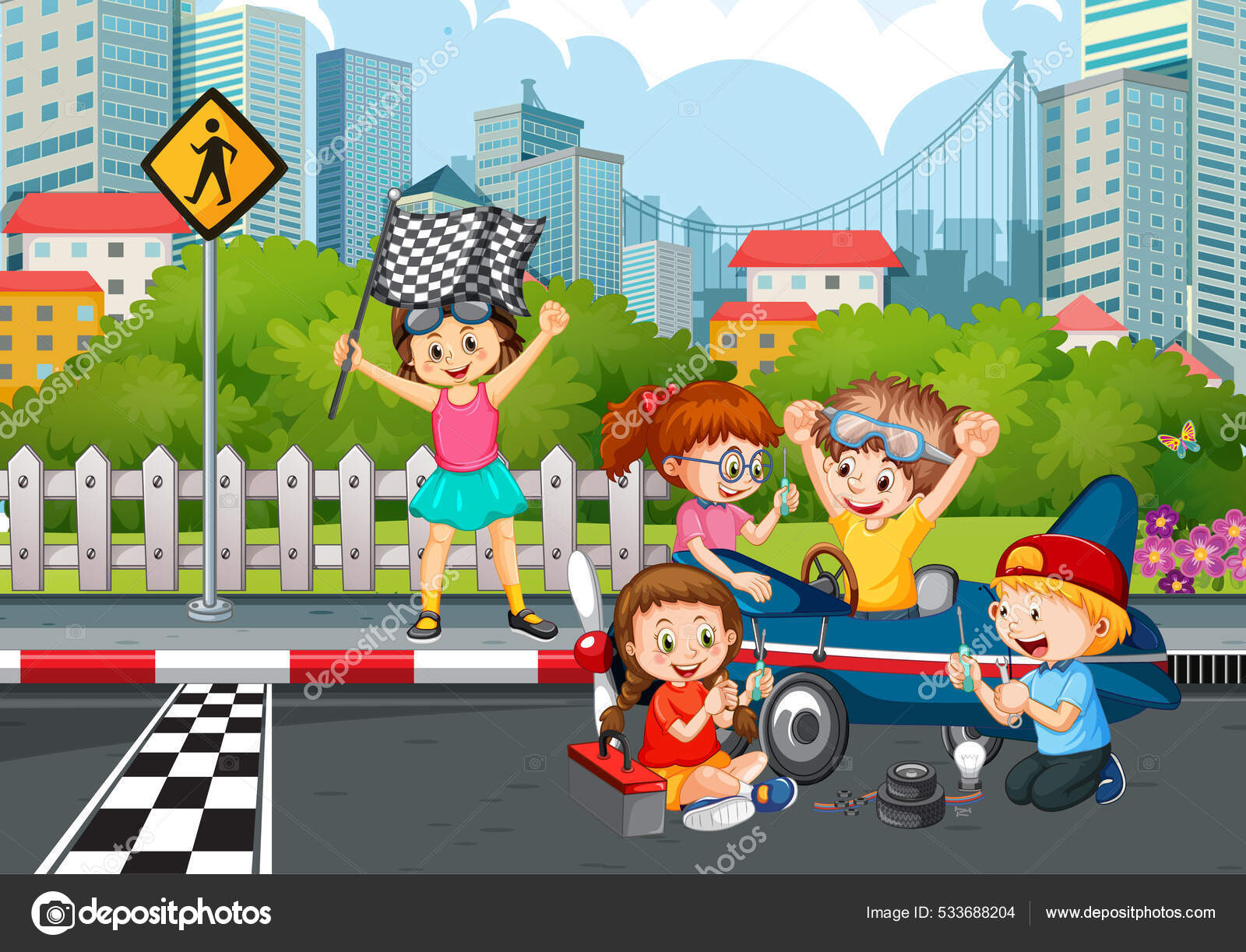 Dirigindo a corrida de carros de rua, ilustração vetorial de carro
