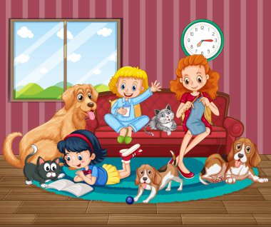 Mutlu aile ve köpek resimli oda sahnesi