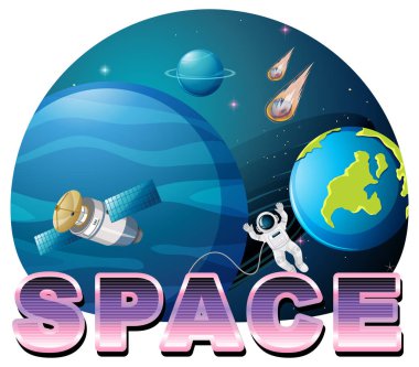 Uydu ve astronot illüstrasyonlu uzay sözcük logosu tasarımı
