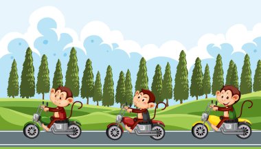Motosiklet çizimi yapan maymunlarla yarış pisti sahnesi