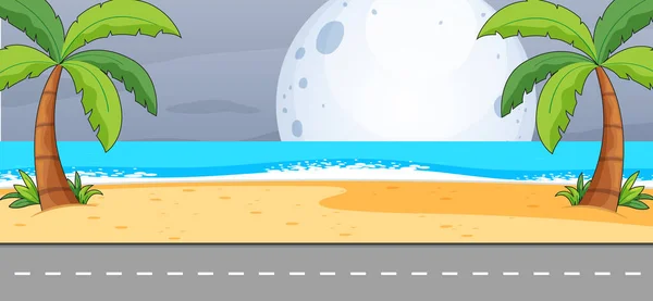Pusta Plaża Krajobraz Scena Nocy Wielkim Księżycem Ilustracja — Wektor stockowy
