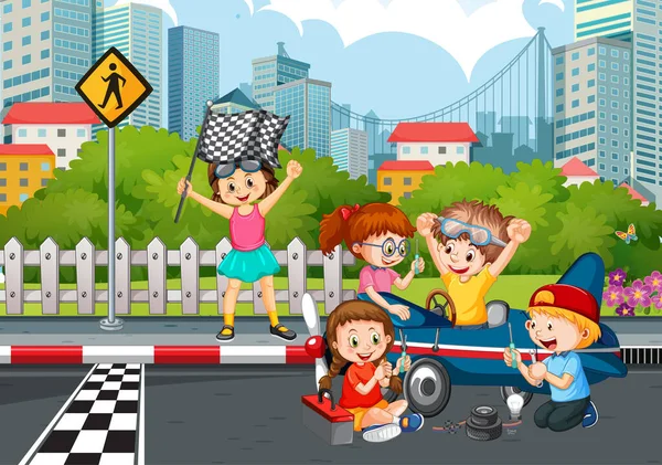 Cena Livre Com Crianças Carro Corrida Ilustração — Vetor de Stock