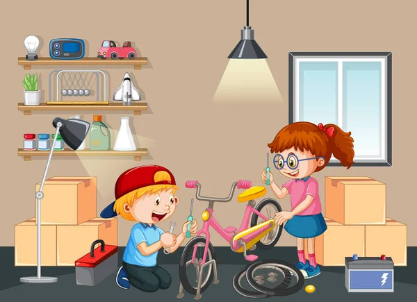 Crianças Fixando Uma Bicicleta Juntas Cena Quarto Ilustração —  Vetores de Stock