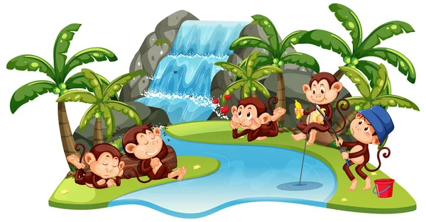 Cascada Aislada Con Pequeños Monos Ilustración — Vector de stock