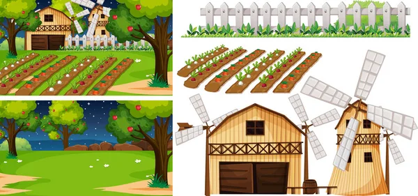 Conjunto Elementos Agrícolas Aislados Con Ilustración Escena Granja — Archivo Imágenes Vectoriales