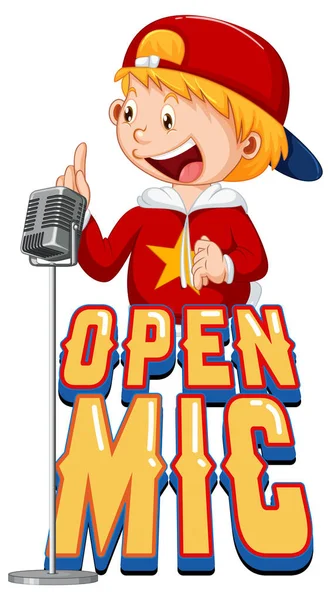 Open Mic Logo Ontwerp Met Zanger Jongen Cartoon Karakter Illustratie — Stockvector