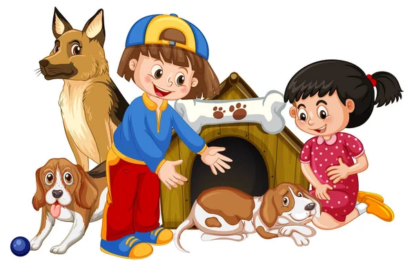 Barn Med Sina Hundar Vit Bakgrund Illustration — Stock vektor