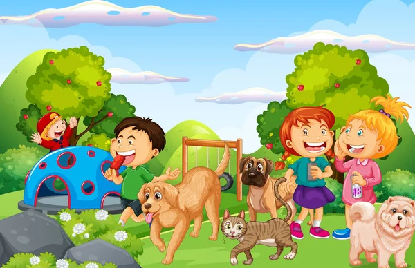 Playground Scene Children Animals Illustration — Stock Vector