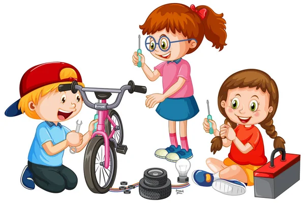 孩子们一起修理自行车 — 图库矢量图片