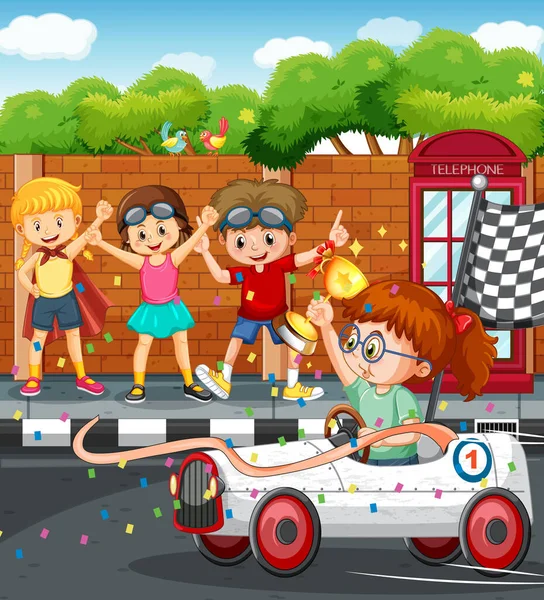 Outdoor Scene Children Racing Car Illustration — Stock Vector