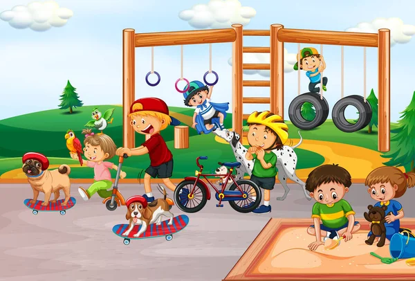 Escena Del Parque Infantil Con Niños Jugando Con Sus Perros — Vector de stock