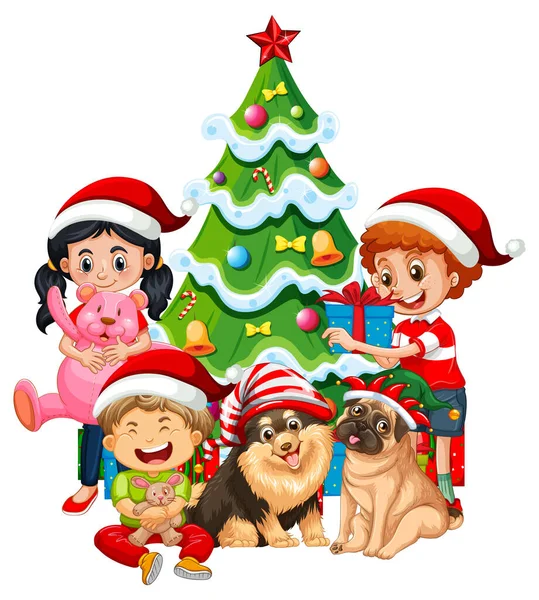圣诞节期间的儿童与狗主题图解 — 图库矢量图片