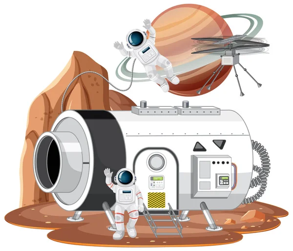 Raumstation Auf Dem Planeten Mit Raumschiff Und Astronauten Illustration — Stockvektor