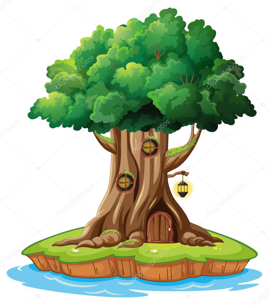 Fantasy tree house inside tree trunk illustration