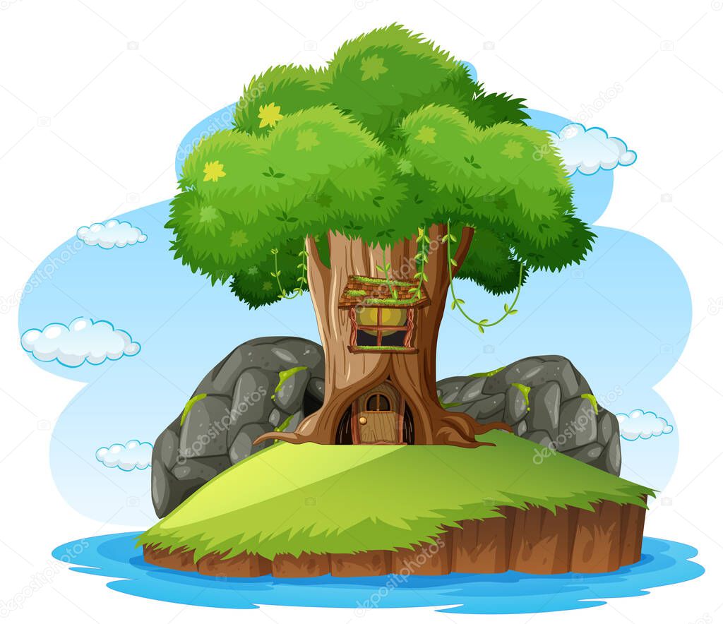 Fantasy tree house on white background illustration